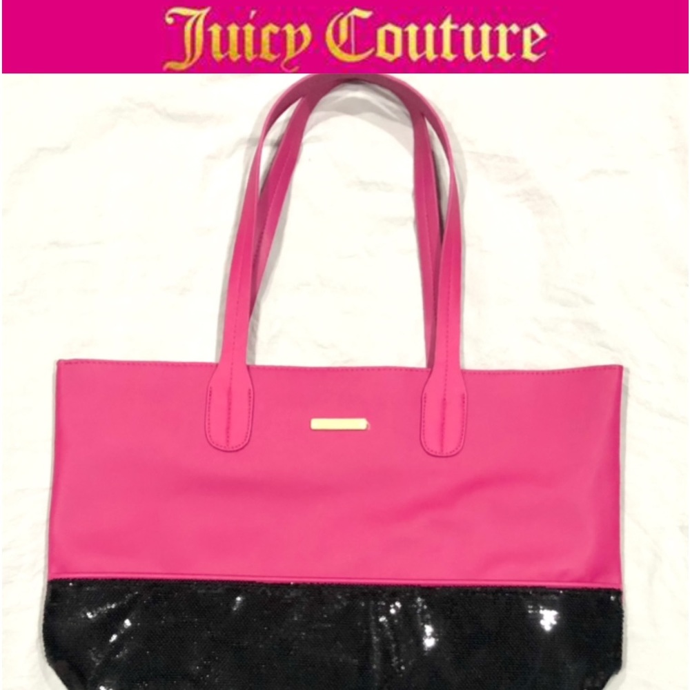 🦋JUICY COUTURE Large Tote Bag in Hot Pink/Black Sequin bottom size 19x12 EUC